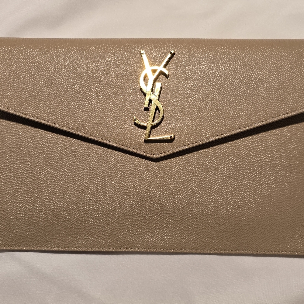 Yves Saint Laurent Tan Clutch with Gold Logo